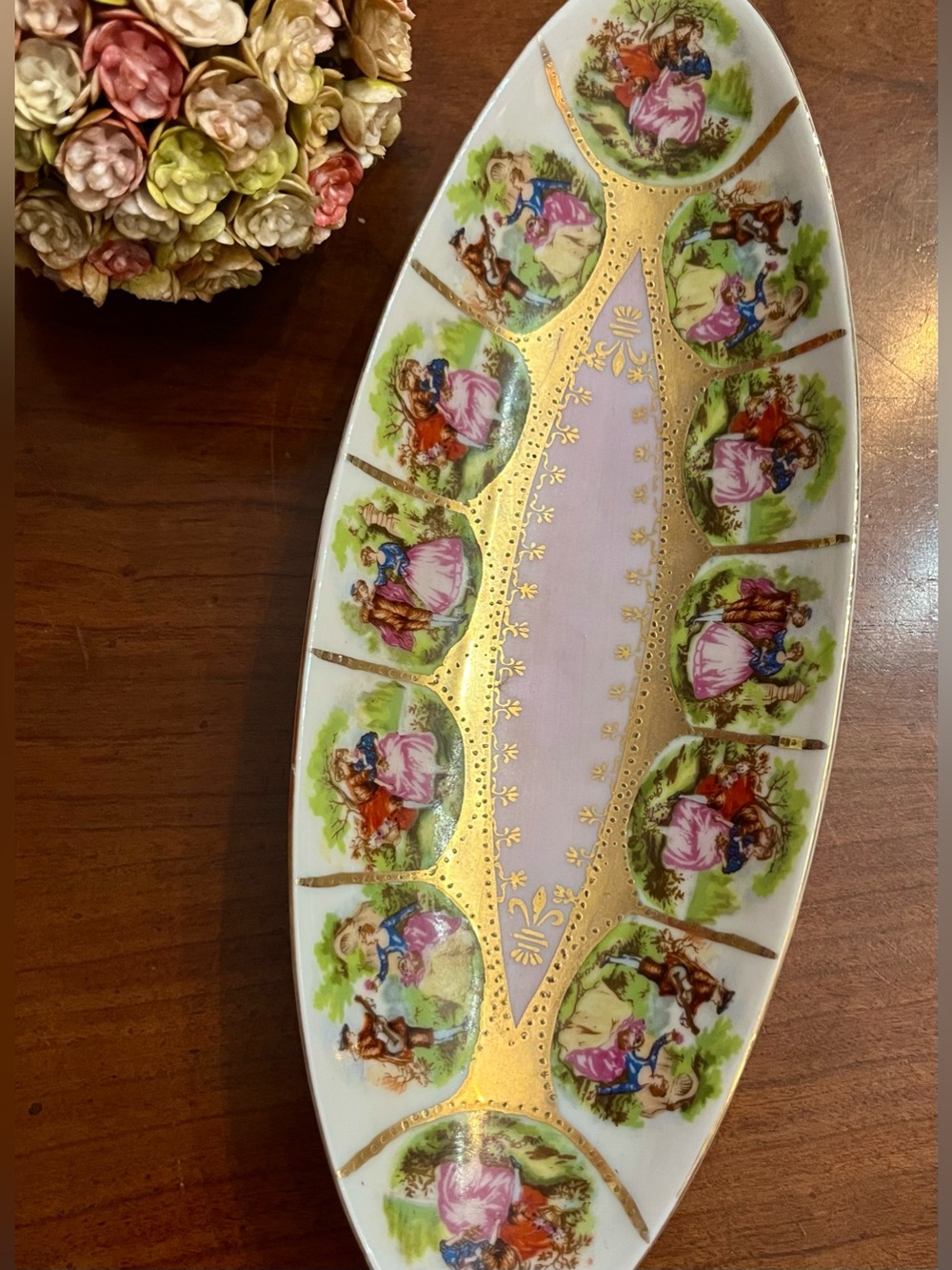 Vintage Royal Vienna Style Celery Relish Dish Gold Gilt Courting Couple
